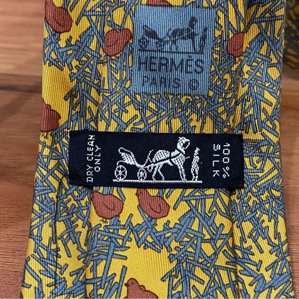 HERMÈS Paris 7364 PA Yellow Blue Quail Bird Chick Straw Print 100% Silk Necktie - Picture 11 of 15